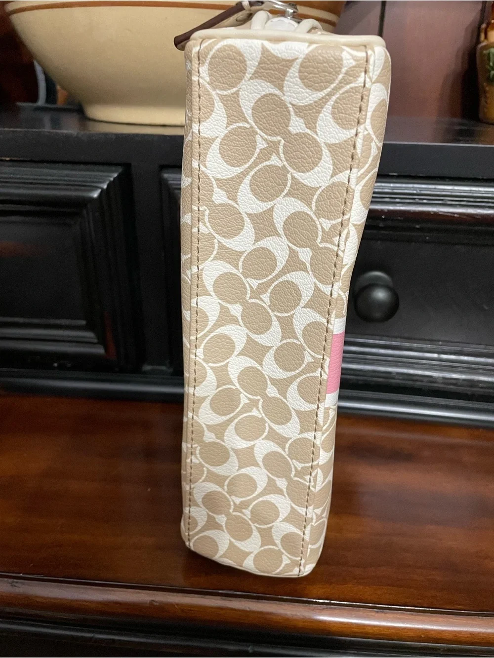 Coach Beige & Pink Signature Cosmetic Case like new large